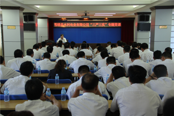 6月5日，蒼梧縣水利電業(yè)有限公司開展 “三嚴(yán)三實(shí)”專題教育黨課暨黨風(fēng)廉政教育培訓(xùn)，黨課邀請(qǐng)蒼梧縣人民檢察副檢察長(zhǎng)莫孔文為